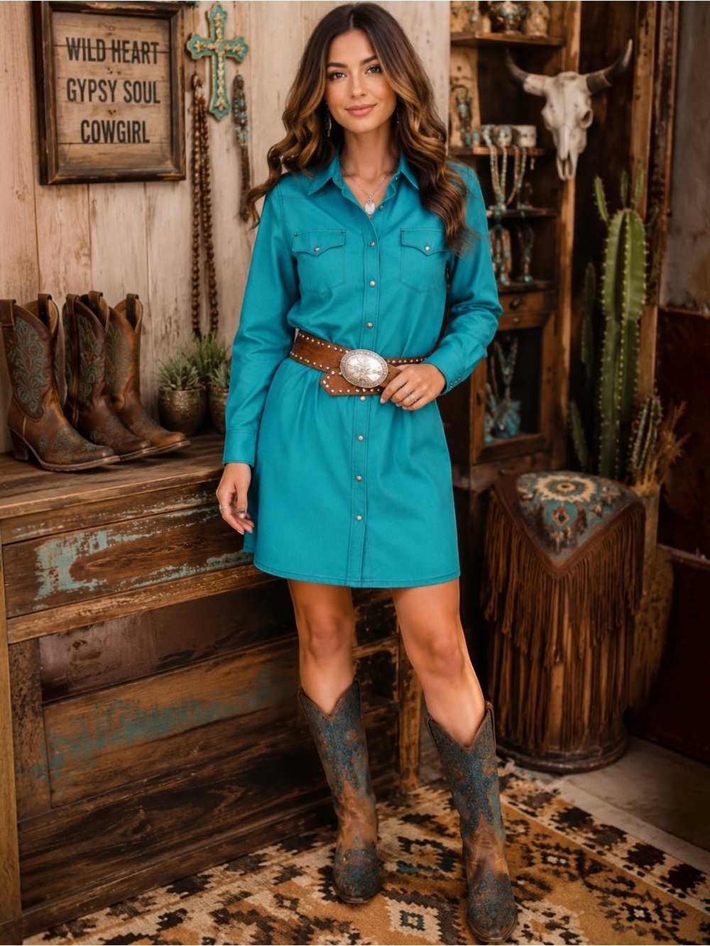 Cowgirl Justice Turquoise Western Shirt Dress Button Down Long Sleeves Sz Large